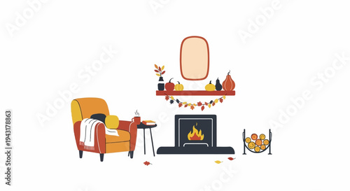 Cozy autumn scene with armchair, fireplace, pumpkins, and warm decor