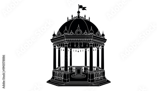 Black and white illustration of a grand domed pavilion with columns and a flag