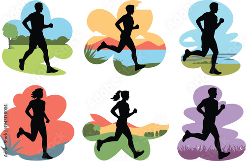 running silhouettes in various landscapes