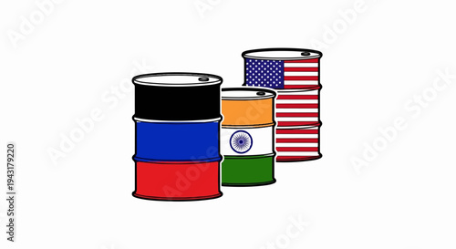 Oil barrels representing nations Russia, India, and the USA stacked