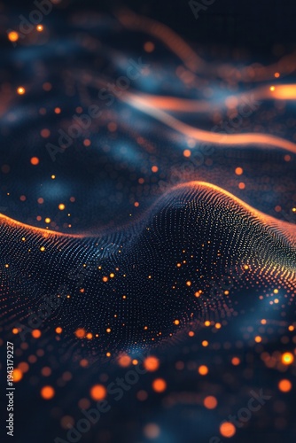 Abstract waves glow with warm, golden particles
