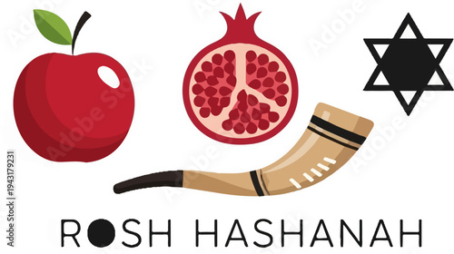 Jewish holiday symbols apple, pomegranate, shofar, and Star of David
