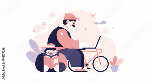 Man on bicycle working on laptop with child reading beside him