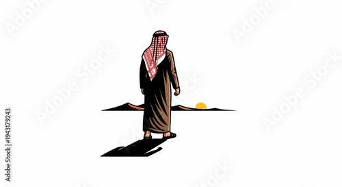 Man in traditional attire stands in a desert landscape under a setting sun