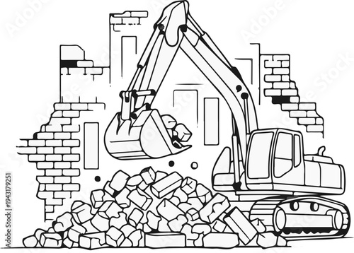 Excavator demolishes a brick structure, scattering rubble