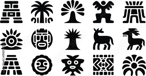 Aztec icon set with various black silhouettes and symbols