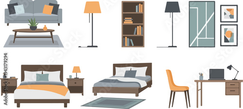 Flat design illustration of a living room and bedroom setup