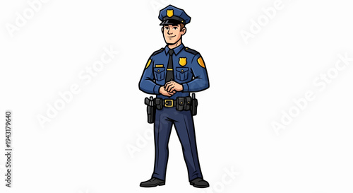 Cartoon police officer in uniform with badge, tie, belt and holsters