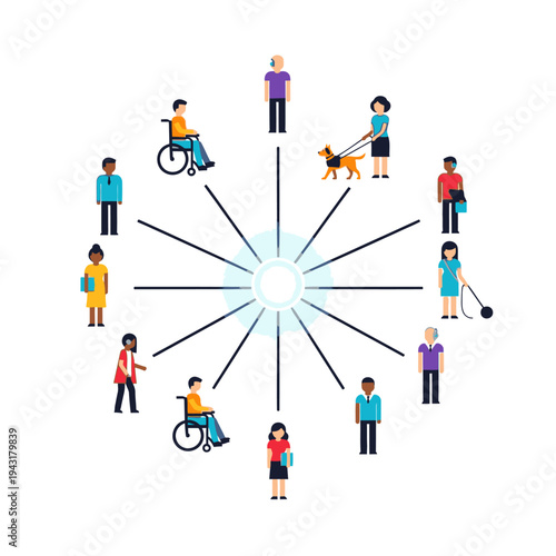 Diverse group of people with disabilities and abilities connected in a circular diagram representing inclusion and community.