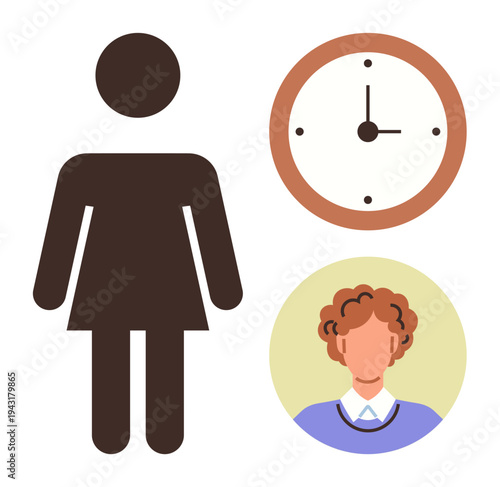 Time management, gender identity, human resources, appointment scheduling, personal profiles, diversity concepts. Female symbol, clock and profile illustration. Time management and gender identity
