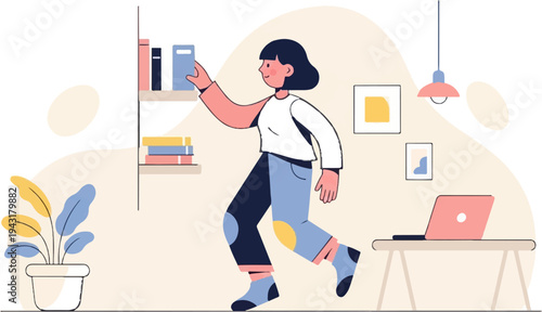 Person reaching for a book on a shelf near a laptop and plant