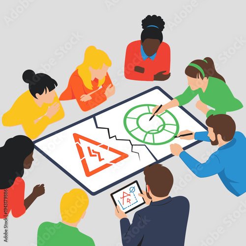 Diverse business team collaborating on a strategic plan, analyzing risks and developing solutions during a productive meeting. Group brainstorming for innovation.