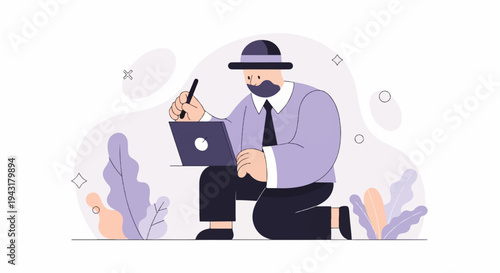 Person in hat kneeling with laptop and pen, plants background