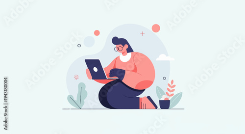 Person kneeling on floor working on laptop amidst abstract shapes and plants