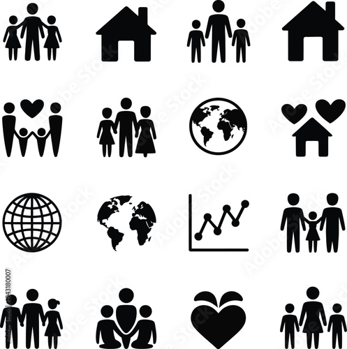 Family black silhouette icons on a white background for global relationships