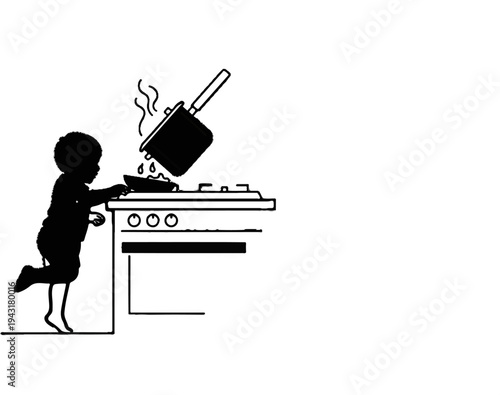 Child spills hot liquid from pot onto a stove
