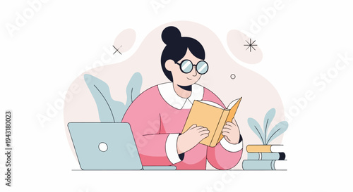 Person with glasses reading a book by laptop with plants and abstract shapes