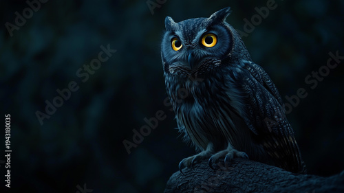 Mysterious owl perched on tree branch in dark forest with glowing yellow eyes