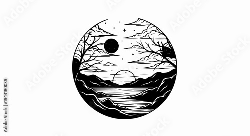 Circular silhouette of a serene landscape with a moon, sun, and starry sky