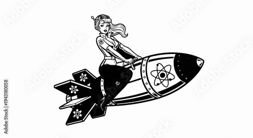 Pinup girl riding a stylized rocket with atomic symbols