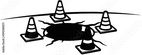Four safety cones surround a large, irregular crack in a surface