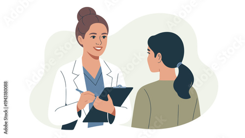 A female doctor in a white coat writes notes on a clipboard during a patient consultation