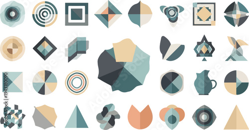 Geometric and abstract shapes in muted colors, diverse designs