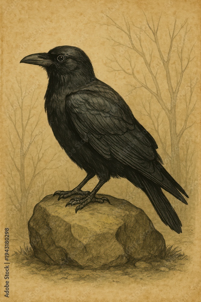 Fototapeta premium Brooding crow on a stone in bare winter landscape, antique style