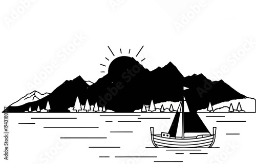 Silhouette of a sailboat on water with mountains and sun in the background