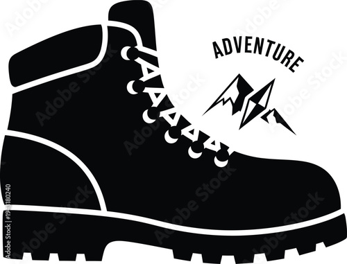 Black silhouette vector graphic of a hiking boot with 'adventure' text and mountain peak icon, symbolizing exploration and outdoor activity