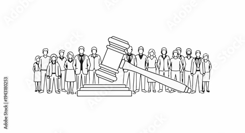 Group of diverse people gathered around a large gavel, symbolizing justice