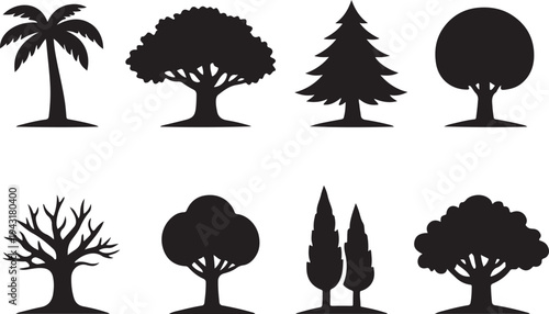 Tree silhouette icons set eight varied tree shapes including palm oak fir rounded canopy