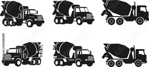 Six black silhouette icons of cement mixer trucks, three above three