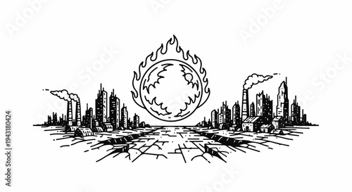 Illustration of a city skyline under a burning globe, with cracked ground