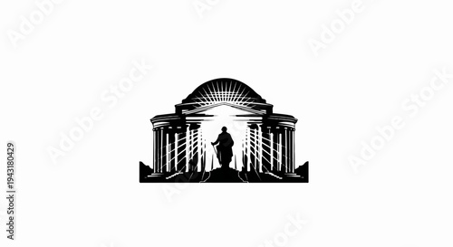 Silhouette of a person standing before a grand, neoclassical building