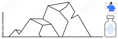 Healthcare, telemedicine, vaccination, environmental science, communication, modern technology. Geometric mountains, medical vial person in digital interaction. Healthcare and telemedicine concept