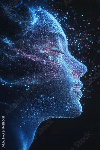 Glowing human profile emerges from starry particles