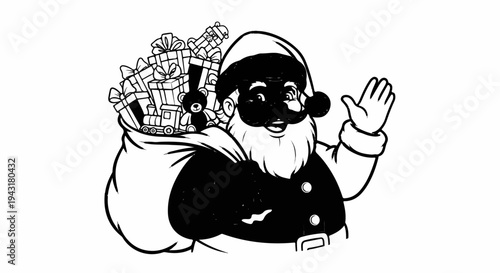 Jolly Santa waving with bag full of gifts and toys