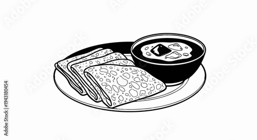 Stacked flatbreads with a bowl of hearty soup on a plate