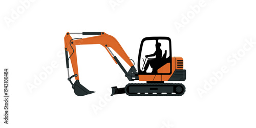 A side view illustration of a bright orange heavy construction excavator with a seated operator Vector