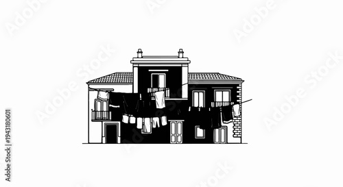 Stylized black and white illustration of a building with laundry hanging out to dry