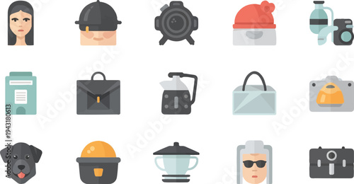 Collection of diverse flat icons including people, objects, and animals