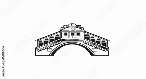 Stylized black and white outline of a historic arched bridge with shops