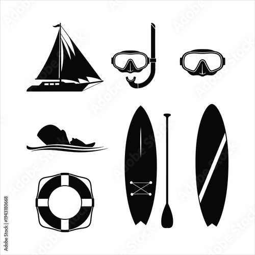 Collection of black silhouette icons for water sports: sailboat, person swimming, snorkel mask, lifebuoy, paddleboard, and surfboard