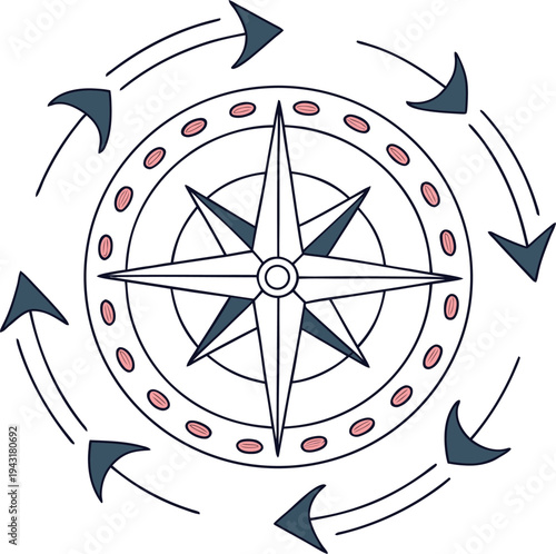 Compass rose navigation symbol with arrows on white background