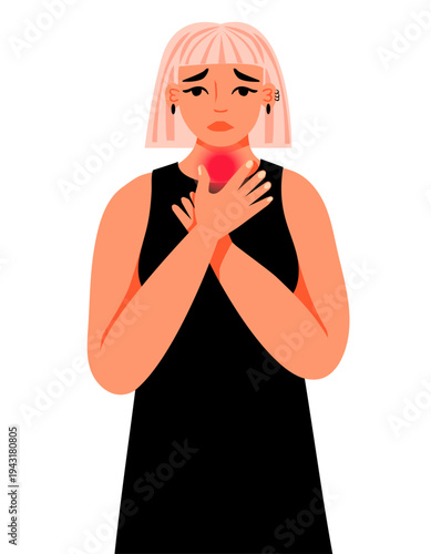 Young woman with a sore throat. Pain, discomfort, cough. Health problem, feeling unwell. Vector illustration