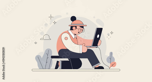 Cheerful person wearing a hat sits on a bench using a laptop