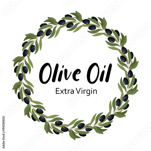 Extra virgin olive oil label design with a circular olive branch wreath featuring green leaves and black olives surrounding a clean central space for text.