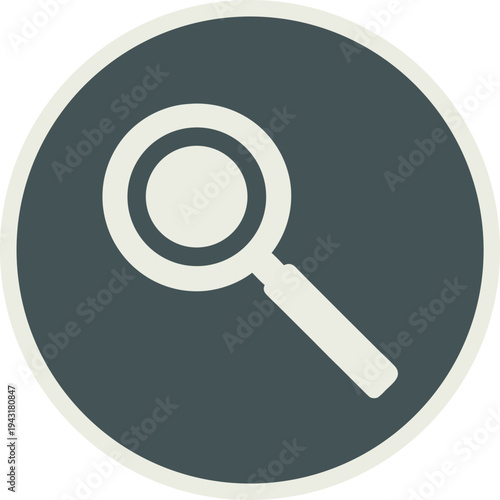 A magnifying glass icon in a dark grey circle with a white border