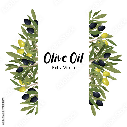 Elegant olive oil label template featuring vertical borders made of olive branches with green leaves and black and yellow olives.